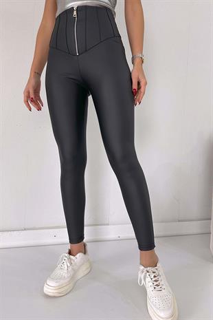 Deri Fermuar Detaylı İçi Şardonlu Kadın Tayt - Siyah