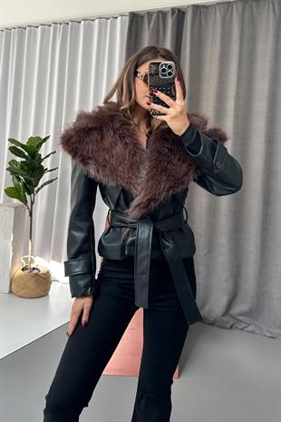 Deri Yaka Kürk Detaylı Bağlamalı Ceket - Kahverengi