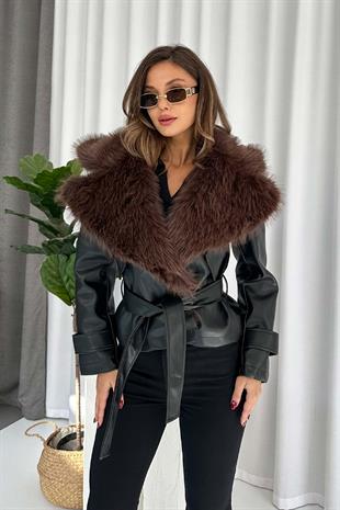 Deri Yaka Kürk Detaylı Bağlamalı Ceket - Kahverengi