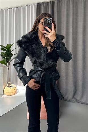 Deri Yaka Kürk Detaylı Bağlamalı Ceket - Siyah