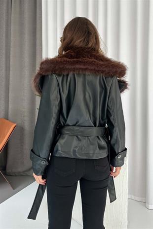 Deri Yaka Kürk Detaylı Bağlamalı Ceket - Kahverengi