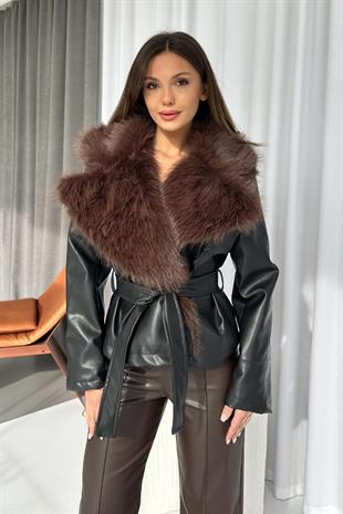 Deri Yaka Kürk Detaylı Bağlamalı Ceket - Kahverengi