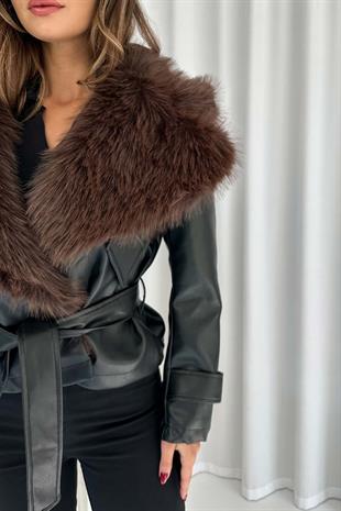 Deri Yaka Kürk Detaylı Bağlamalı Ceket - Kahverengi