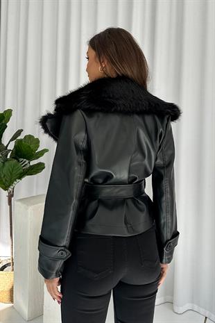 Deri Yaka Kürk Detaylı Bağlamalı Ceket - Siyah