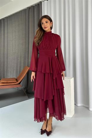Dik Yaka Kat Kat Astarlı Kadın Şifon Elbise - Bordo