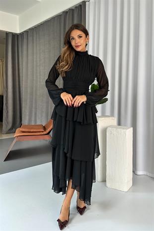 Dik Yaka Kat Kat Astarlı Kadın Şifon Elbise - Siyah