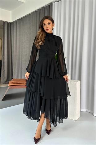 Dik Yaka Kat Kat Astarlı Kadın Şifon Elbise - Siyah
