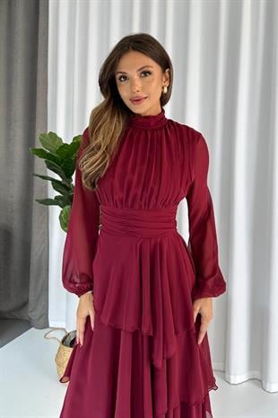 Dik Yaka Kat Kat Astarlı Kadın Şifon Elbise - Bordo
