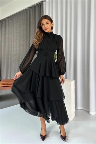 Dik Yaka Kat Kat Astarlı Kadın Şifon Elbise - Siyah