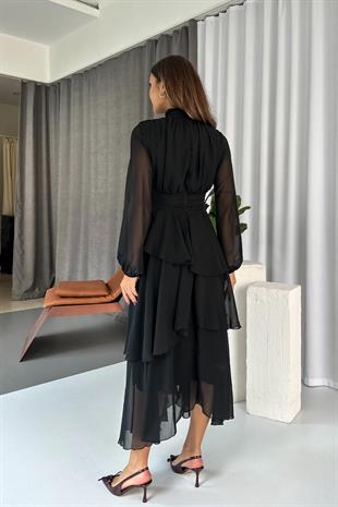 Dik Yaka Kat Kat Astarlı Kadın Şifon Elbise - Siyah