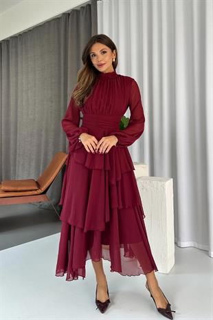 Dik Yaka Kat Kat Astarlı Kadın Şifon Elbise - Bordo