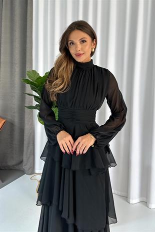 Dik Yaka Kat Kat Astarlı Kadın Şifon Elbise - Siyah