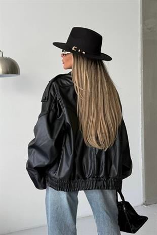 Dik Yaka Tasarım Kadın Deri Ceket - Siyah