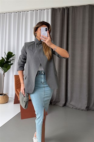 Dik Yaka Tek Düğme Kadın Ceket - Gri