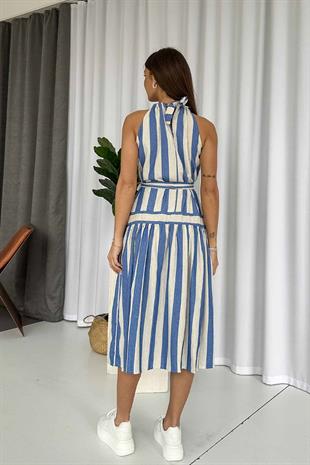 Dikine Çizgi Keten Uzun Kadın Elbise - Mavi