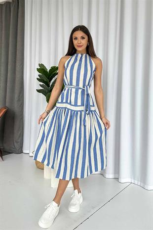 Dikine Çizgi Keten Uzun Kadın Elbise - Mavi