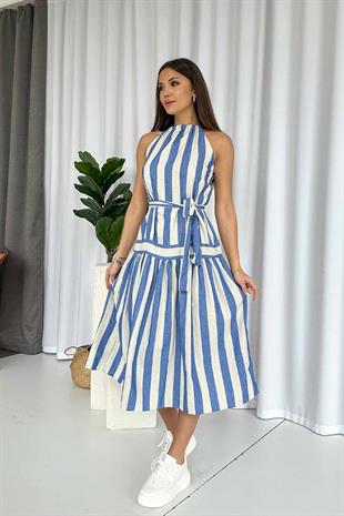 Dikine Çizgi Keten Uzun Kadın Elbise - Mavi