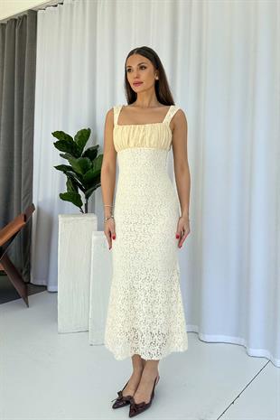 Drape Detay Dantel İşlemeli Balık Form Kadın Elbise - Bej