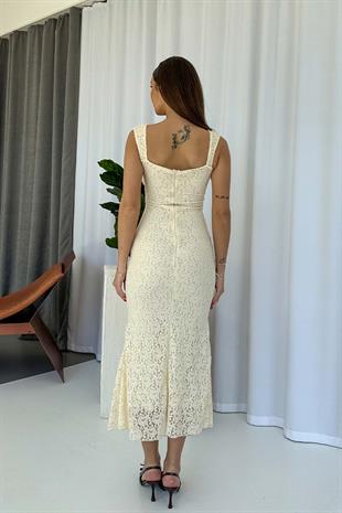 Drape Detay Dantel İşlemeli Balık Form Kadın Elbise - Bej
