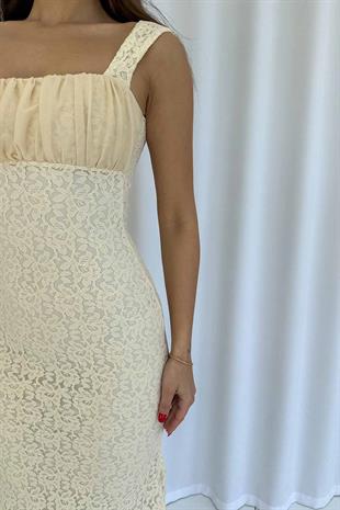Drape Detay Dantel İşlemeli Balık Form Kadın Elbise - Bej