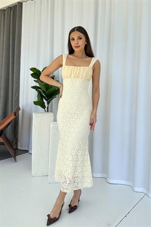 Drape Detay Dantel İşlemeli Balık Form Kadın Elbise - Bej