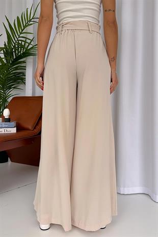 Duble Paça Kuşak Detaylı Pantolon - Bej