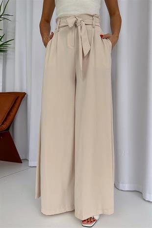 Duble Paça Kuşak Detaylı Pantolon - Bej