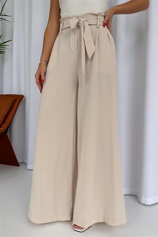 Duble Paça Kuşak Detaylı Pantolon - Bej