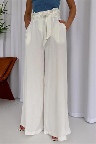 Duble Paça Kuşak Detaylı Pantolon - Ekru