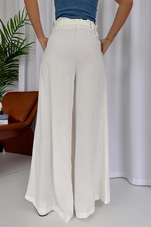 Duble Paça Kuşak Detaylı Pantolon - Ekru
