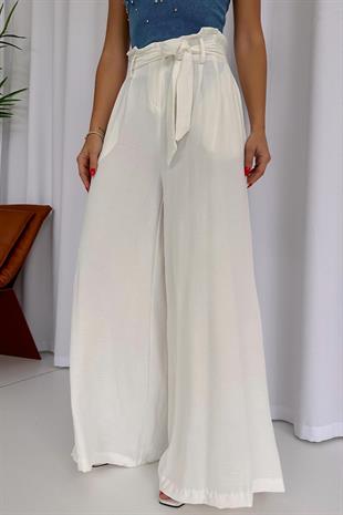 Duble Paça Kuşak Detaylı Pantolon - Ekru