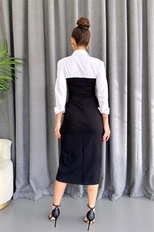 Düğme Detaylı Garnili Uzun Kollu Kalem Elbise - Siyah