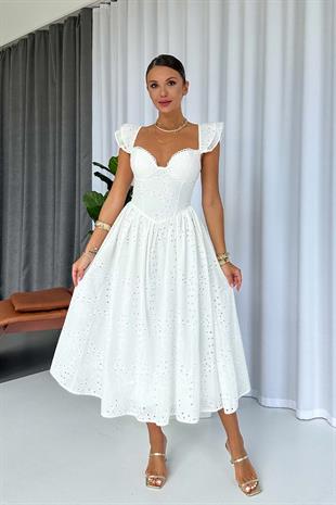 Düşük Kol Brode İşlemeli Kiloş Uzun Kadın Elbise - Beyaz