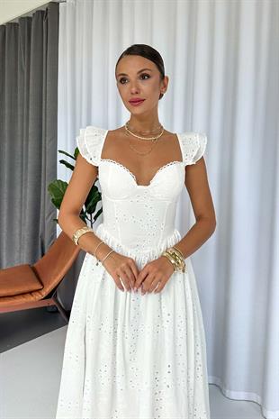 Düşük Kol Brode İşlemeli Kiloş Uzun Kadın Elbise - Beyaz