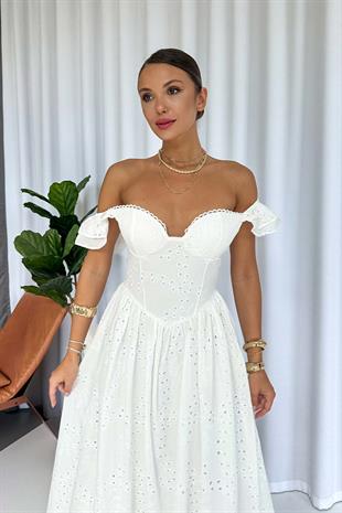 Düşük Kol Brode İşlemeli Kiloş Uzun Kadın Elbise - Beyaz