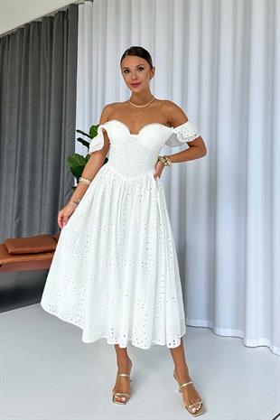 Düşük Kol Brode İşlemeli Kiloş Uzun Kadın Elbise - Beyaz