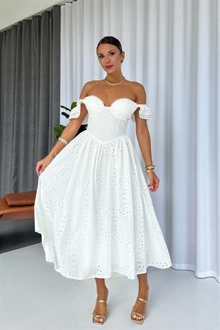 Düşük Kol Brode İşlemeli Kiloş Uzun Kadın Elbise - Beyaz