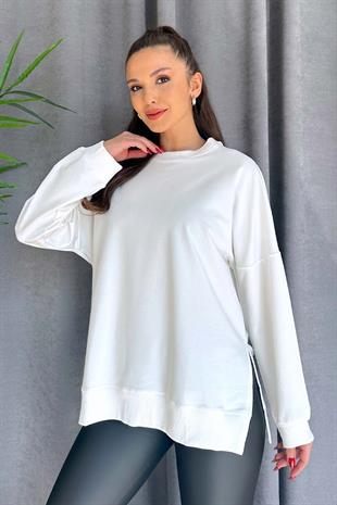 Düşük Omuz Kadın Basic Sweatshirt - Beyaz