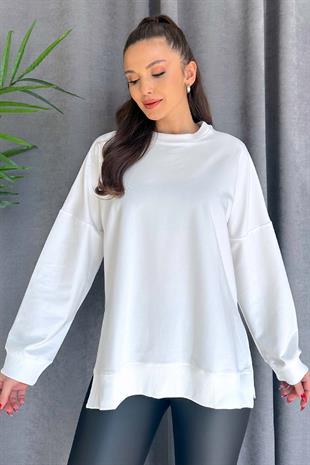 Düşük Omuz Kadın Basic Sweatshirt - Beyaz