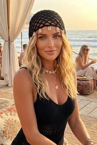 El Yapımı Deniz Kabuklu File Örgü Bere Şapka Bandana - Siyah