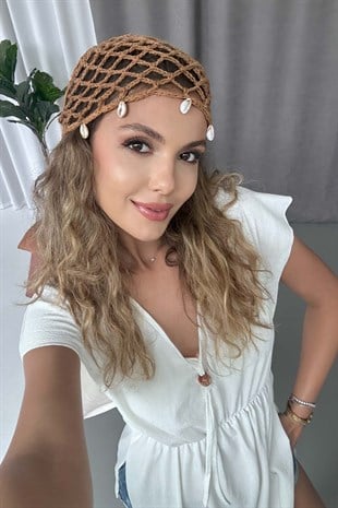 El Yapımı Deniz Kabuklu File Örgü Bere Şapka Bandana - Vizon