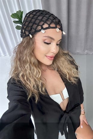 El Yapımı Deniz Kabuklu File Örgü Bere Şapka Bandana - Siyah