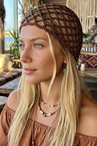 El Yapımı File Örgü Bere Şapka Bandana - Kahverengi