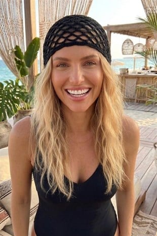 El Yapımı File Örgü Bere Şapka Bandana - Siyah