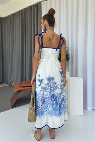 Etek Ucu Desenli Kare Yaka Elbise - Mavi