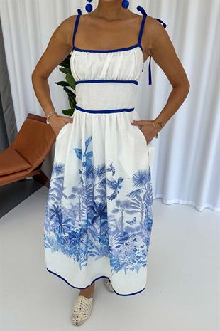 Etek Ucu Desenli Kare Yaka Elbise - Mavi