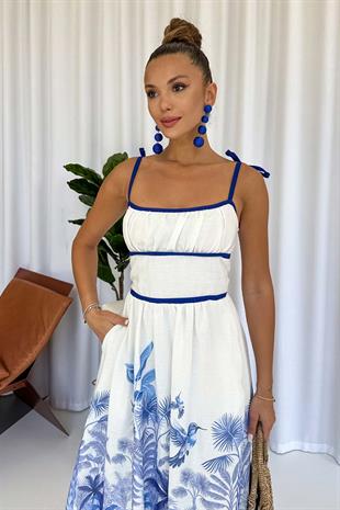 Etek Ucu Desenli Kare Yaka Elbise - Mavi