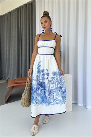 Etek Ucu Desenli Kare Yaka Elbise - Mavi