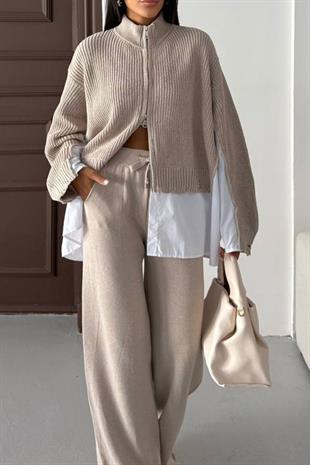 Etek Ucu Gömlek Detay Triko Takım - Bej