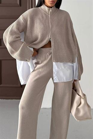Etek Ucu Gömlek Detay Triko Takım - Bej